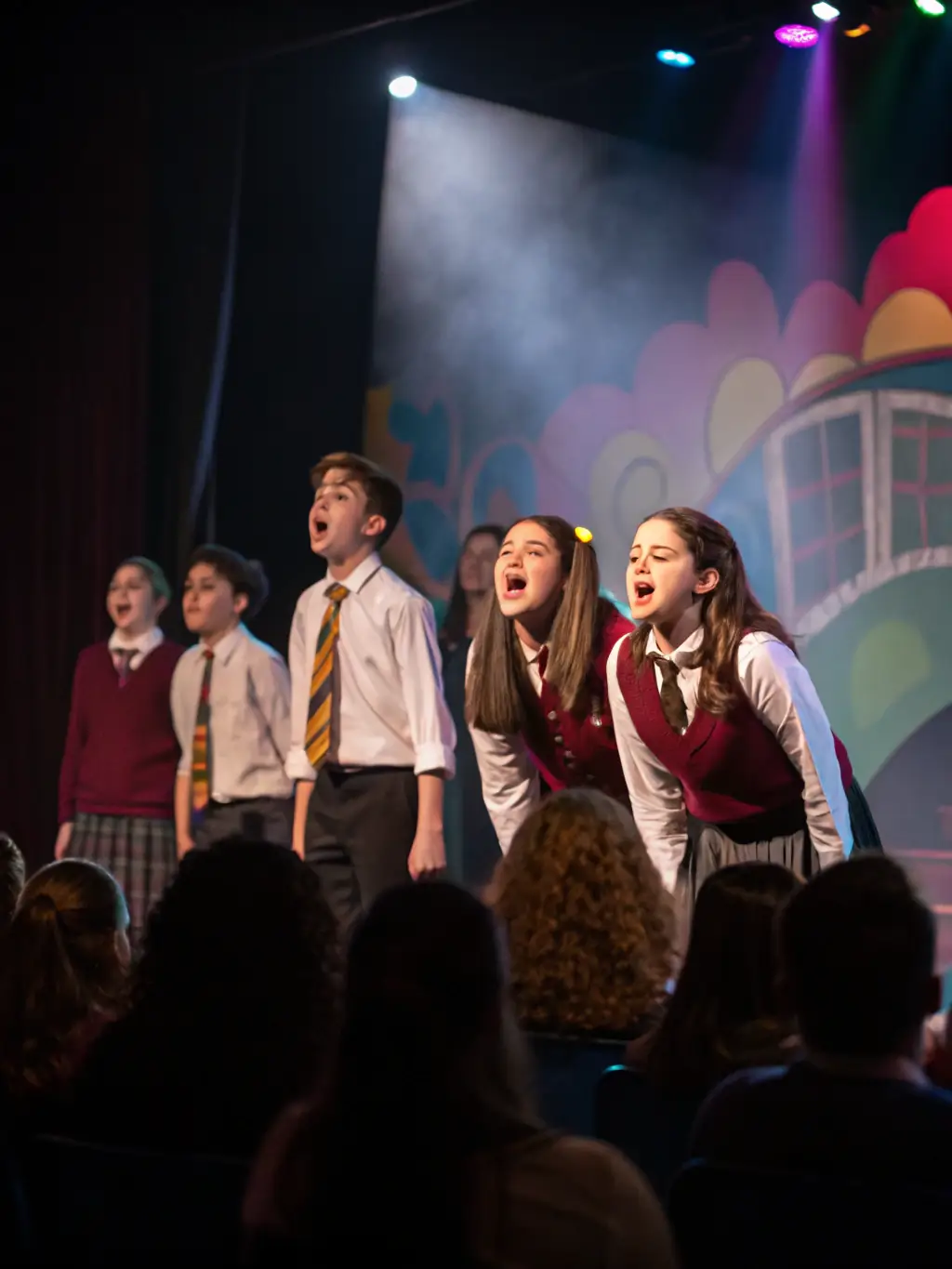 Teenagers engaged in a drama performance, showcasing their acting skills and teamwork, under the guidance of experienced instructors from ASSO POUR ENFANCE ET ADOLESCENCE.