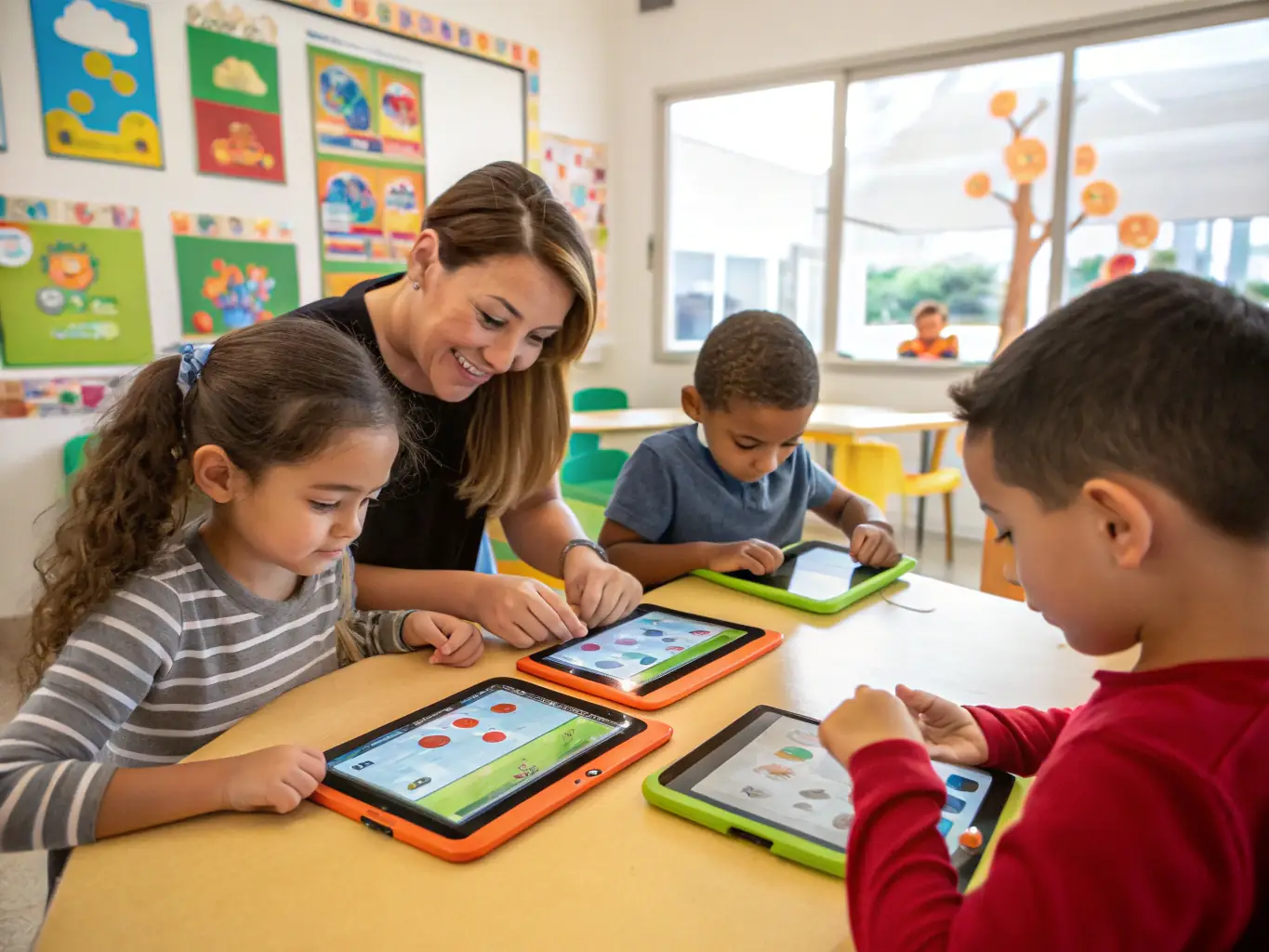 A classroom setting where children are engaged in an interactive educational program, using tablets and other learning tools. The atmosphere is lively and engaging, with children actively participating in the lesson.