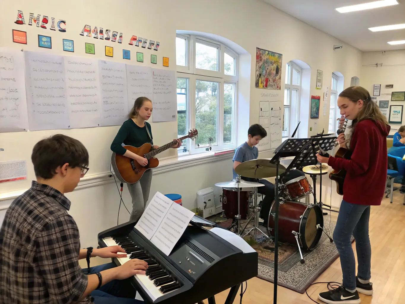 Teenagers playing musical instruments together in a band setting, highlighting the joy of music and collaborative performance.