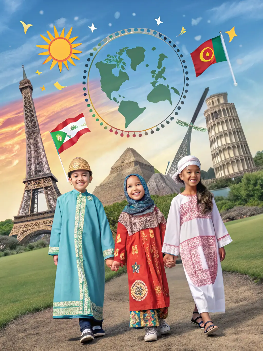 A scene from a cultural exchange program, with children from different backgrounds interacting and learning about each other's traditions, facilitated by ASSO POUR ENFANCE ET ADOLESCENCE.