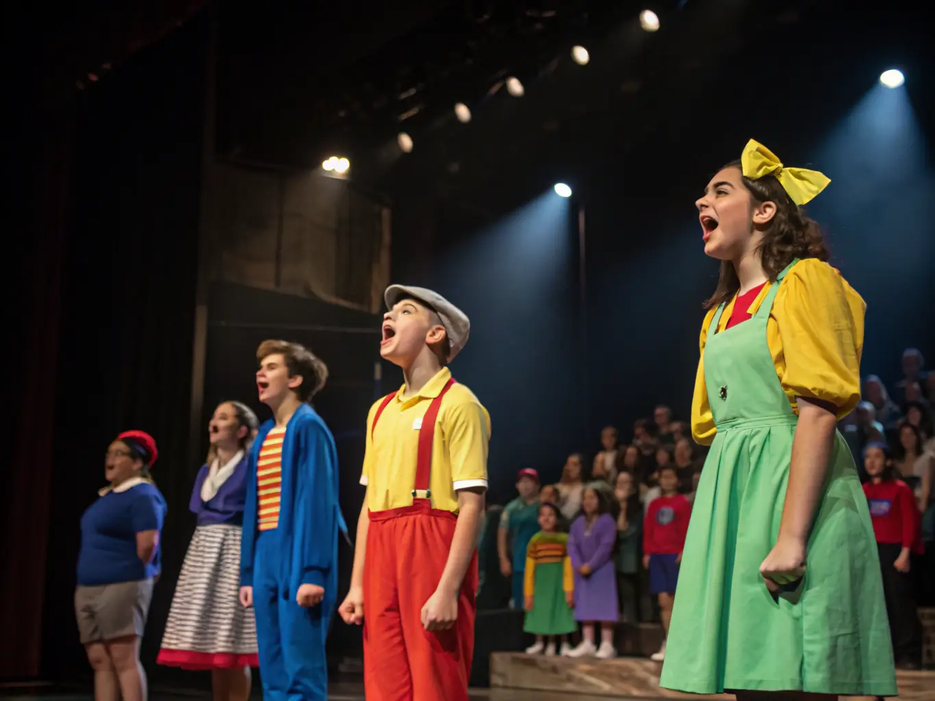 A dynamic image of teenagers performing on stage during a theatrical production, highlighting their teamwork, confidence, and artistic talent.