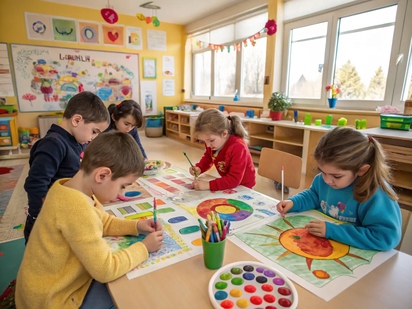 A vibrant photograph capturing children actively participating in a painting workshop, showcasing their creativity and engagement with art materials.