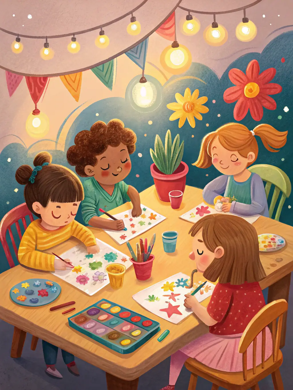 A group of children enthusiastically participating in a painting workshop, with colorful artwork displayed around them, reflecting the creative atmosphere of ASSO POUR ENFANCE ET ADOLESCENCE.