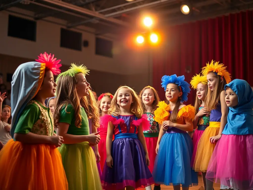 A photograph of teenagers engaged in a drama performance, showcasing their teamwork, confidence, and artistic talents, highlighting the organization's focus on performing arts.