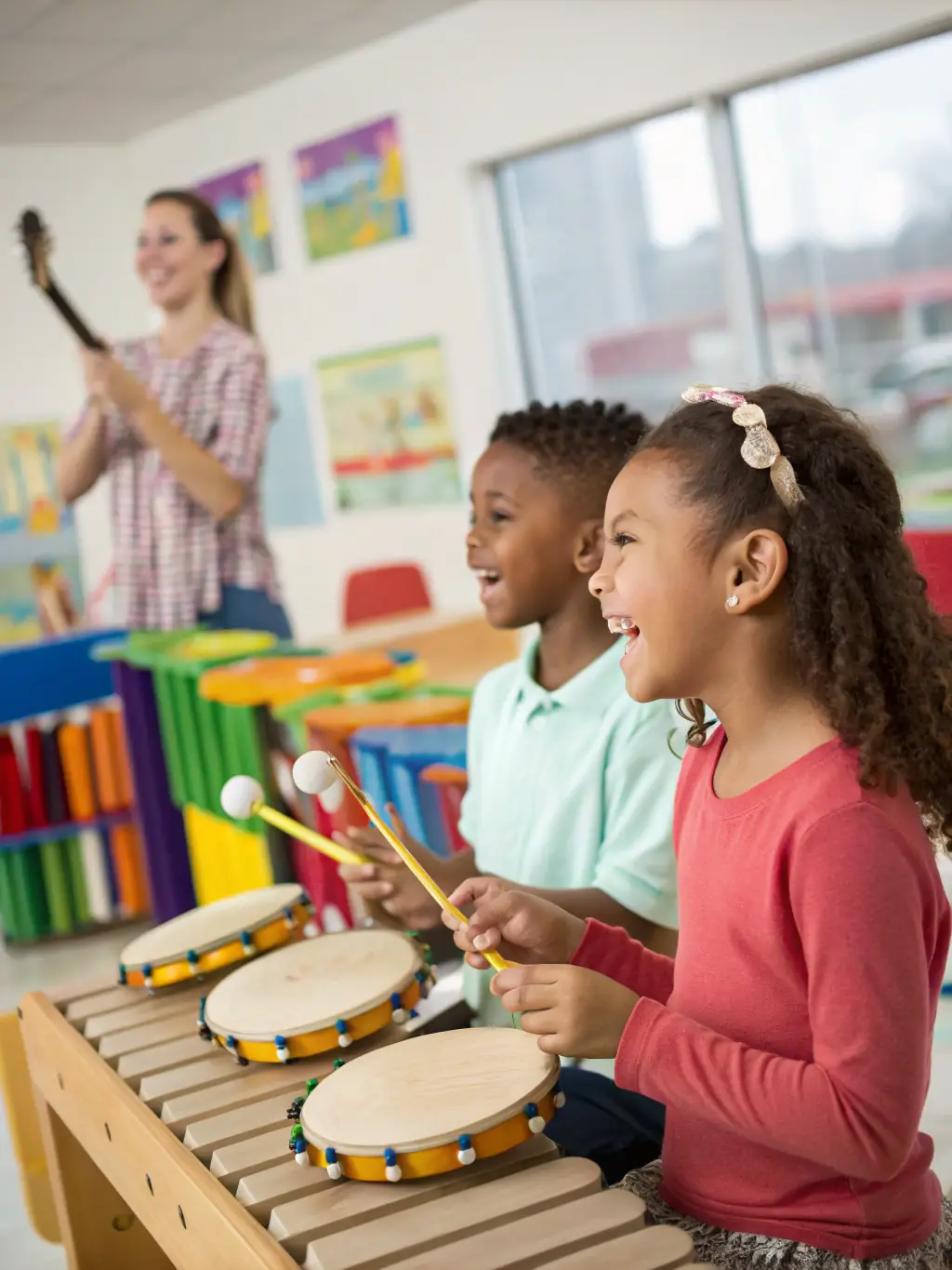 Children playing musical instruments during a music therapy session, guided by a therapist, highlighting the therapeutic benefits of music provided by ASSO POUR ENFANCE ET ADOLESCENCE.