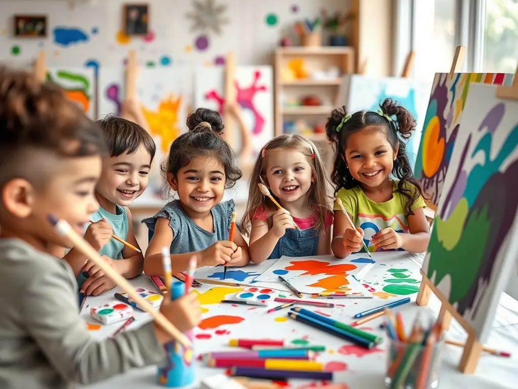 Children creating colorful artwork during a painting session, with an emphasis on individual creativity and artistic exploration.