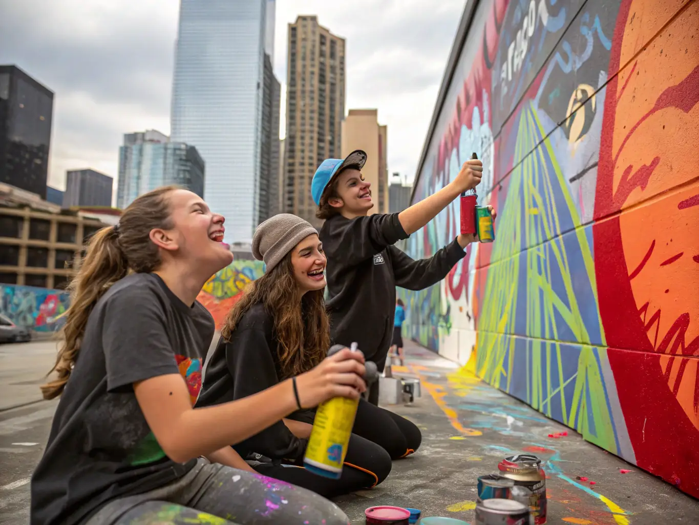 A group of teenagers participating in a vibrant street art workshop, creating a colorful mural under the guidance of a professional artist. The scene captures the energy and creativity of the youth involved.